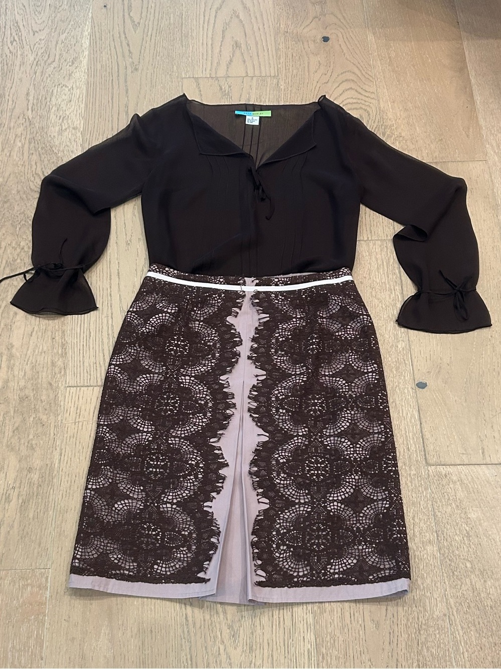 Beth Bowley (2) Piece Brown Lace-Overlay Pencil Skirt with Blush Lining & Top